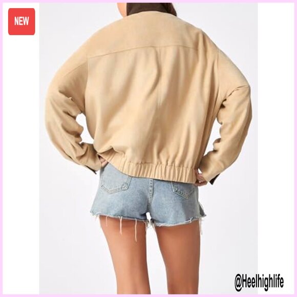 Oversized Faux Suede Bomber Jacket with Corduroy Collar, Utility Pockets - Picture 6 of 7